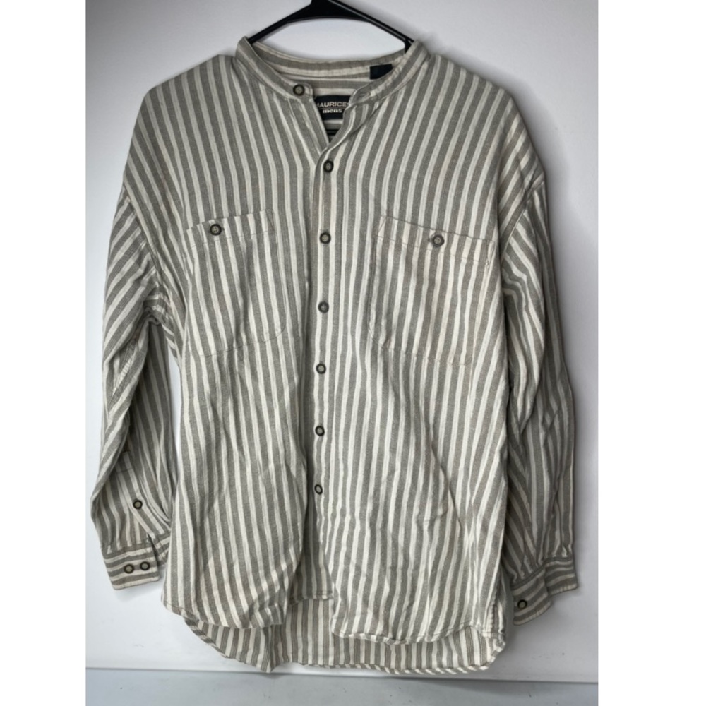 Maurices Men's L Long Sleeve Button Up Grey & White Striped 100% Cotton